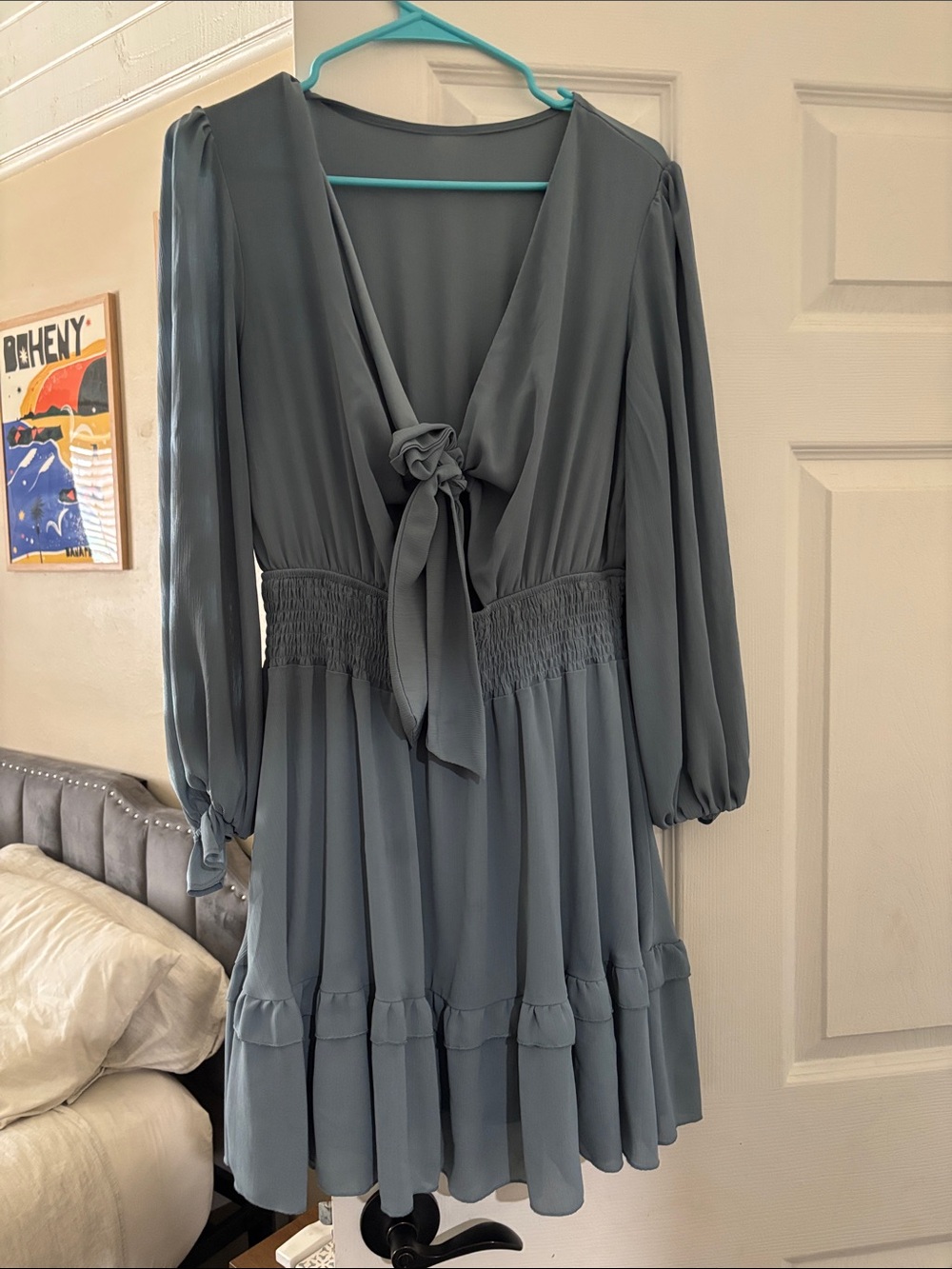 Amazon Slate Blue Tie-Front Long Sleeve Mini Dress